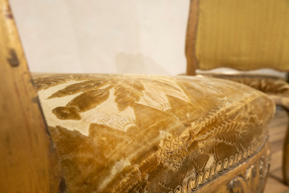 Thumbnail: A Pair Of French Louis XV Giltwood Damask Silk Upholstered Side Chairs