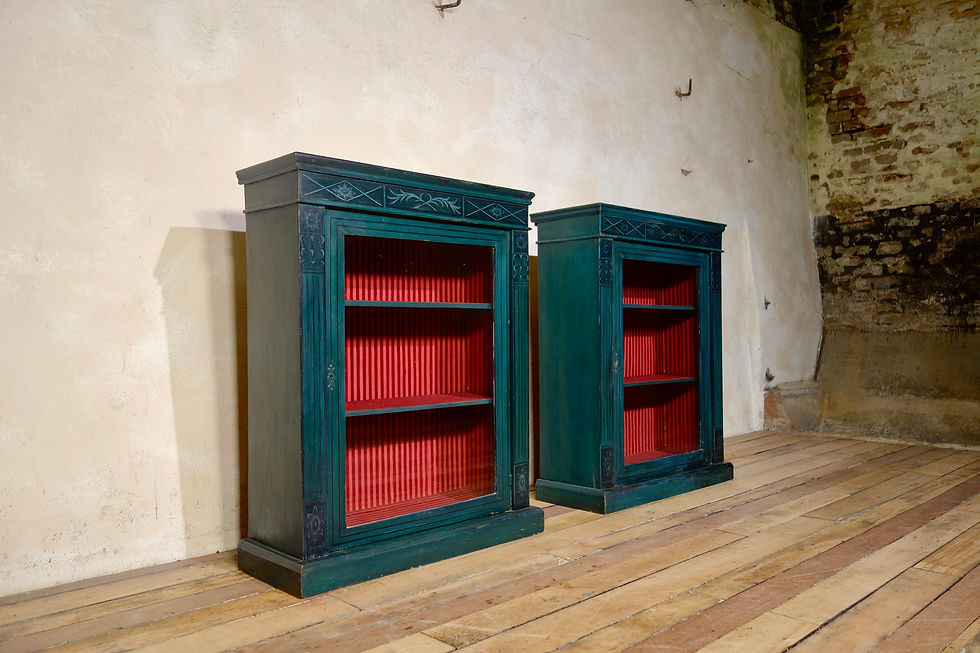 Thumbnail: A Near Pair Of Regency Style Green Painted Pier Display Cabinets Glazed