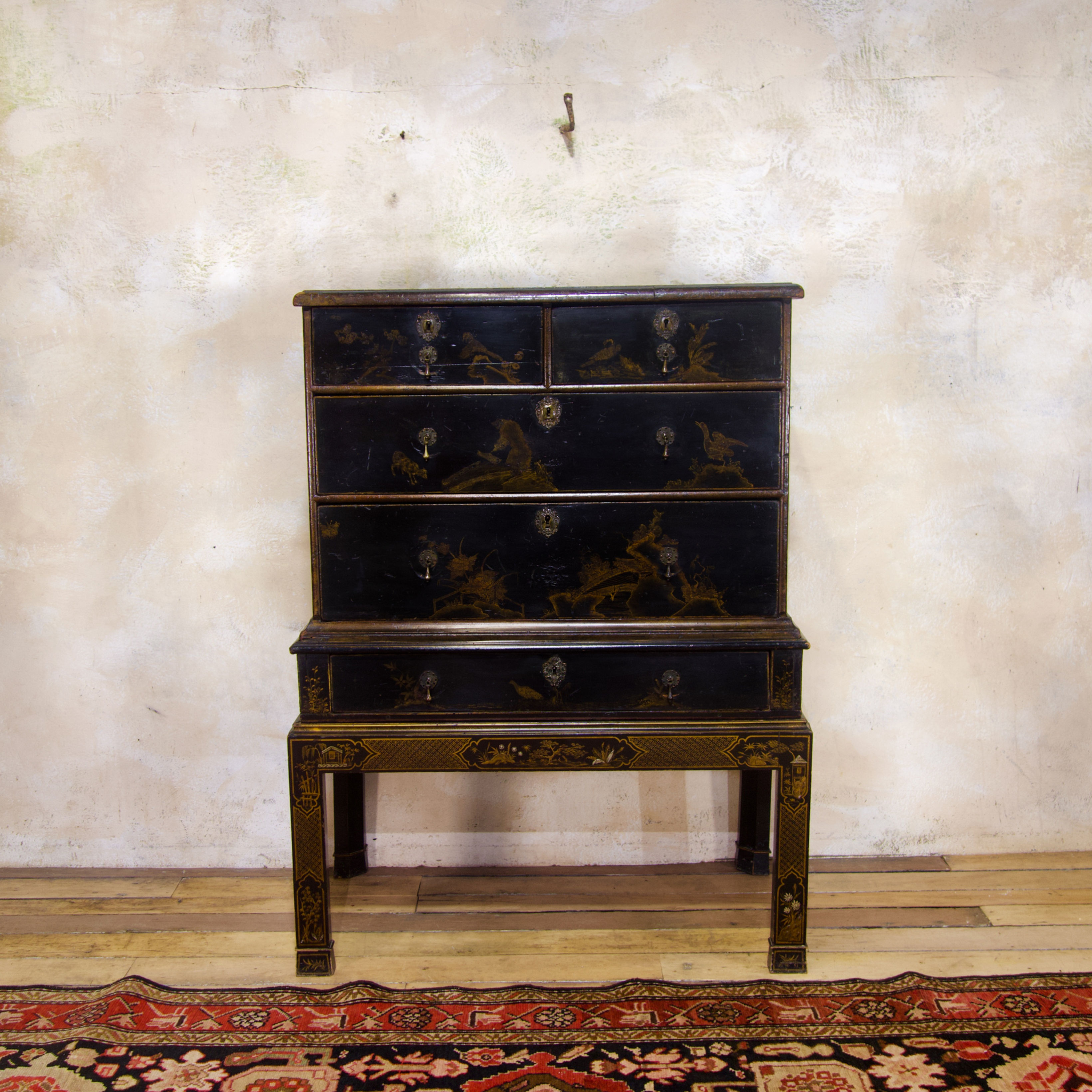 A Superb Early 18th Century Japanned Chest On Stand