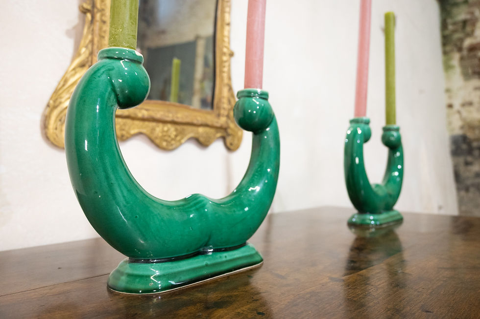 Thumbnail: A Striking Pair Of French Emerald Green Candlesticks - Vallauris