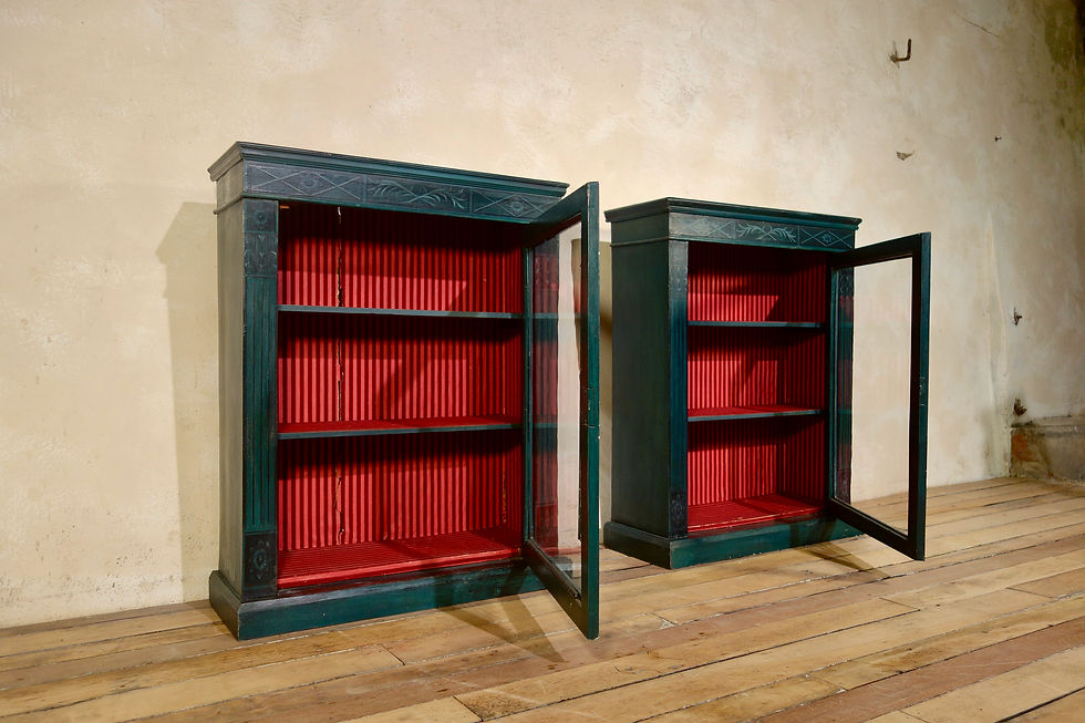 Thumbnail: A Near Pair Of Regency Style Green Painted Pier Display Cabinets Glazed