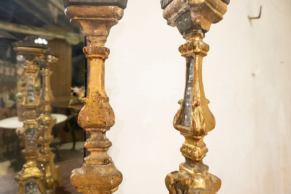 Thumbnail: A Pair Of 18th Century Gilded & Mirrored Glass Venetian  Altar - Candlesticks