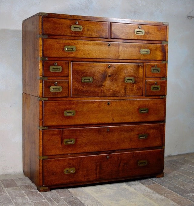 Thumbnail: Military Brass Mounted Mahogany Two-Part Secrétaire Campaign Chest Of Drawers