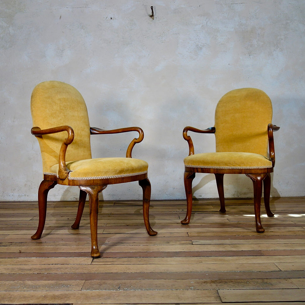 A Pair Of Yellow Upholstered George I Style Shepherd Crook Armchairs