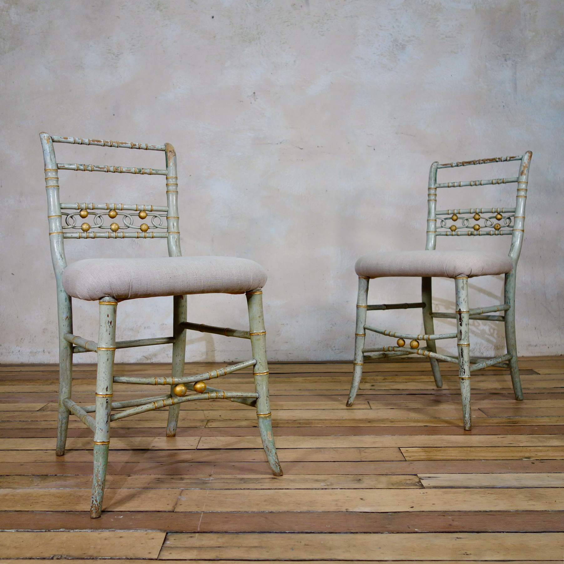 A Pair Of Regency Faux Bamboo Original Painted Side Chairs