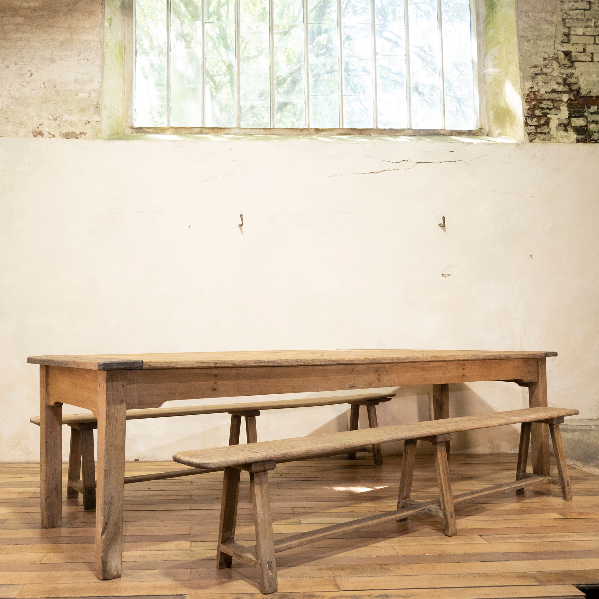 A Large Scale 19th Century French Sycamore & Oak Farmhouse Table & Benches