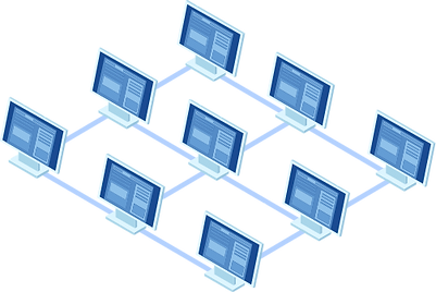 Network of connected computer monitors displaying content
