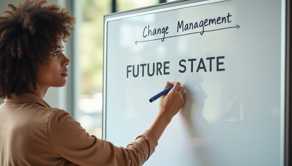 Eye-level view of a whiteboard with a change manager developing a plan
