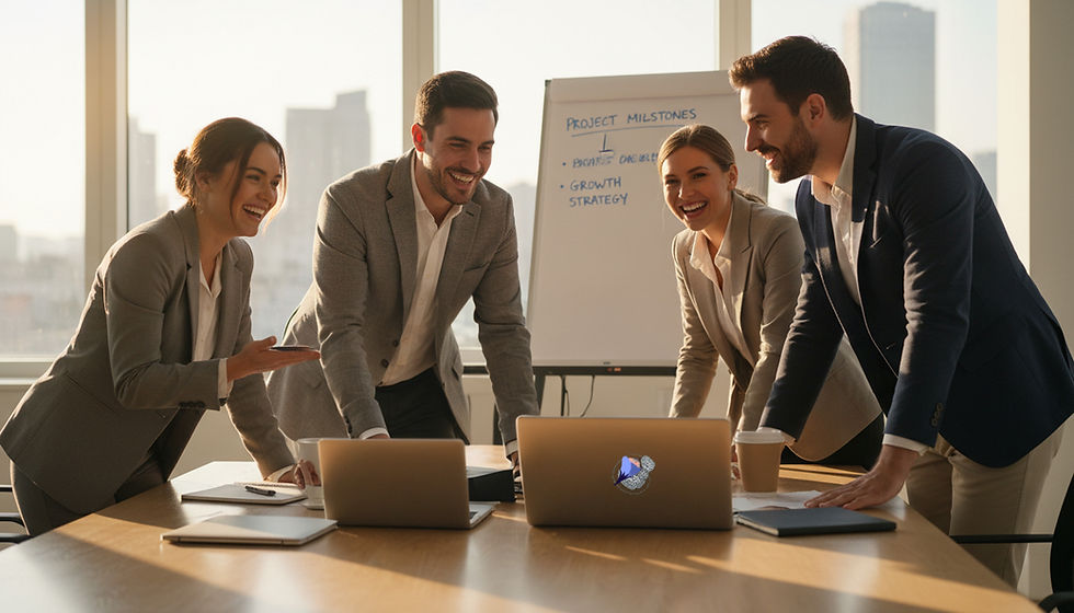 Eye-level view of a small business team comparing plans around a table