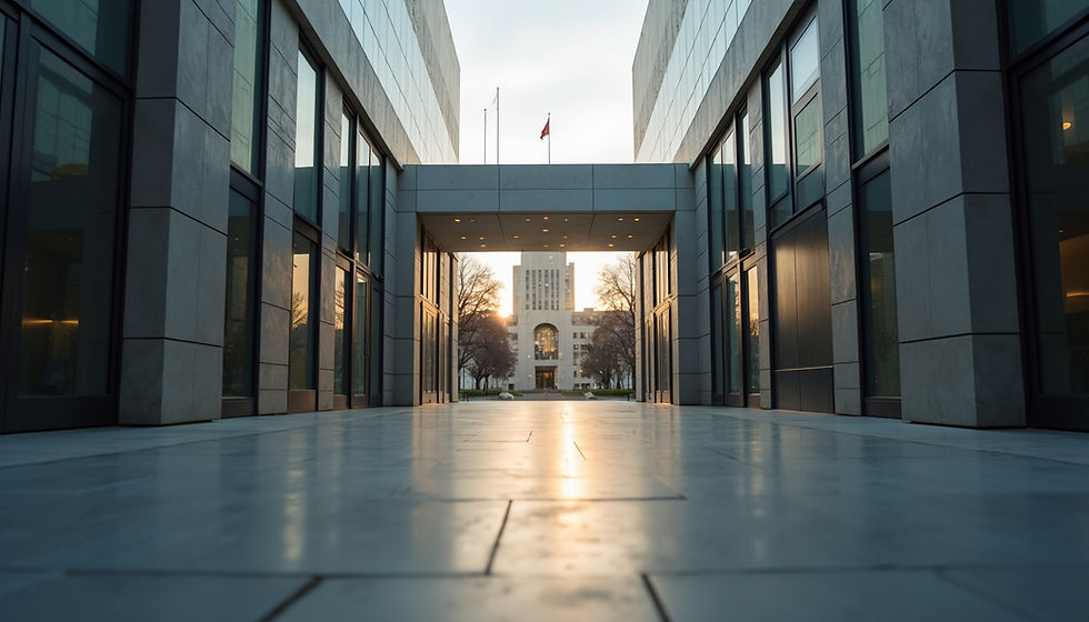 Eye-level view of a modern government building entrance