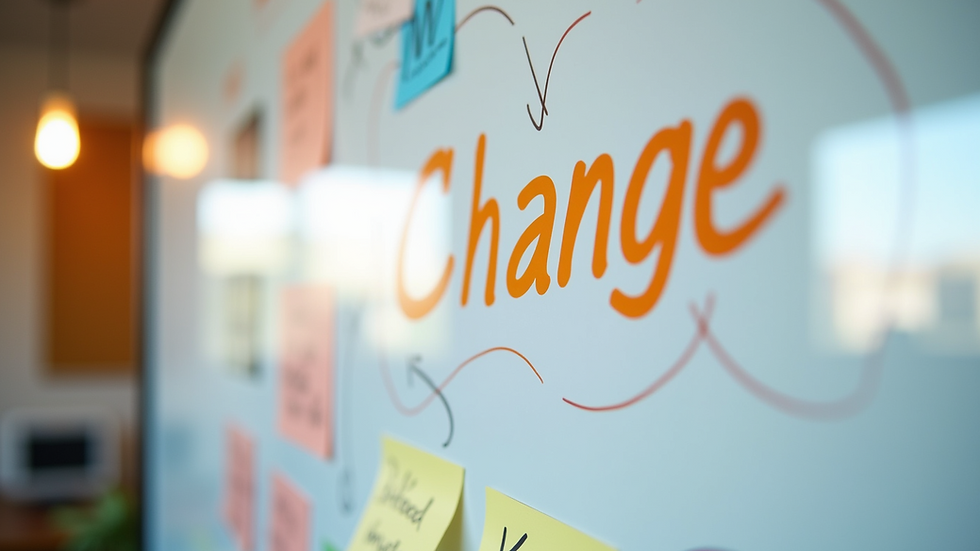Close-up view of a whiteboard with change management concepts and notes