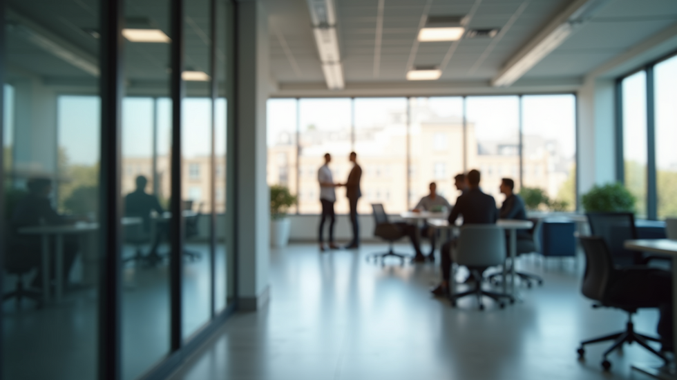 Wide angle view of a modern office environment promoting change team collaboration