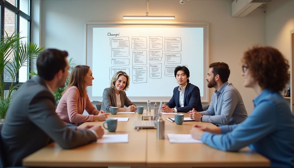 Eye-level view of a conference room with a whiteboard showing a change management plan