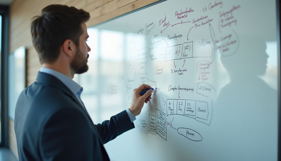 Close-up view of a manager explaining change management concepts on a whiteboard