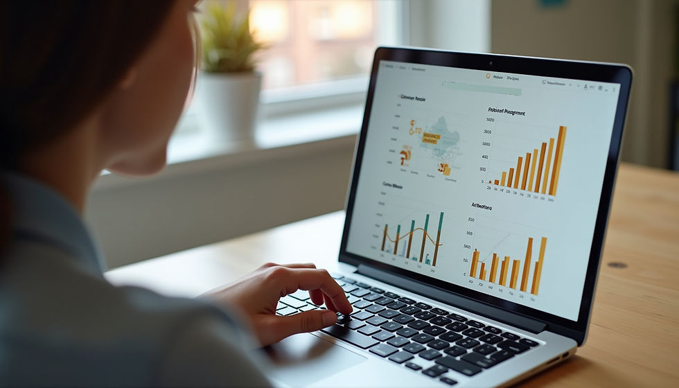 Close-up view of a manager presenting change management metrics on a laptop