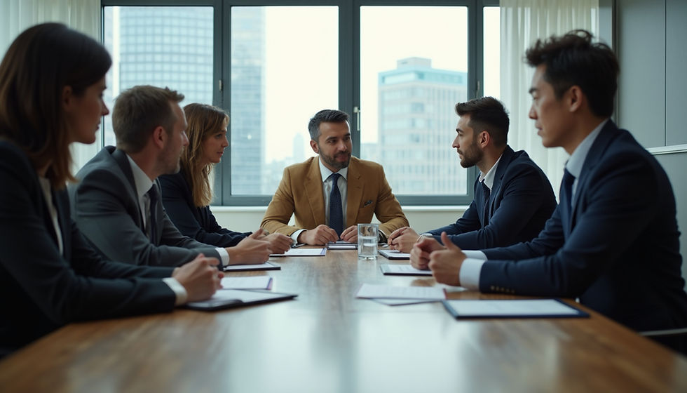 Eye-level view of a business team discussing change management strategy around a conference table