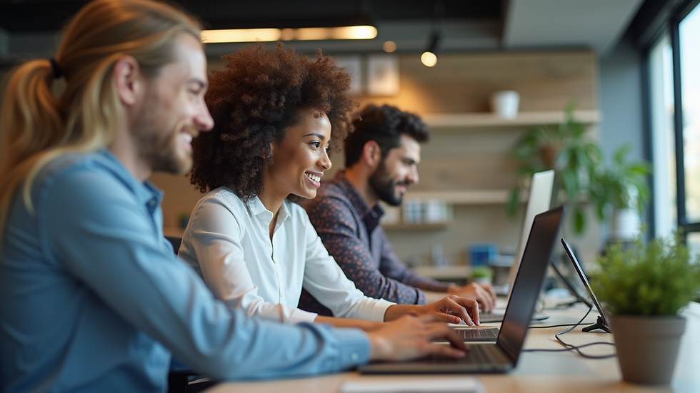 Eye-level view of a modern office with employees collaborating on digital devices