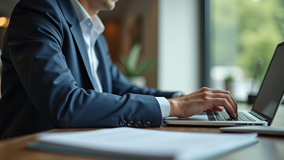 Eye-level view of a government official working on a laptop in an office