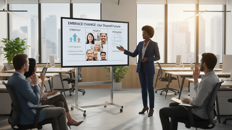 Eye-level view of a consultant presenting change management strategies on a whiteboard
