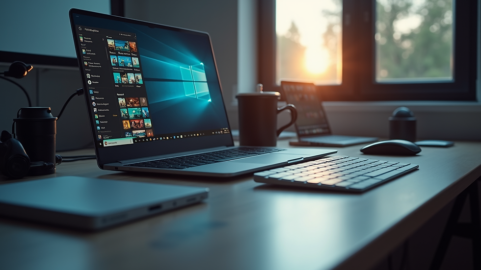 Eye-level view of a digital workspace featuring tech gadgets