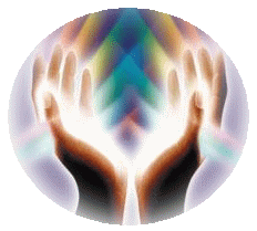 reiki-hands with energy ray of blue yellow purple white