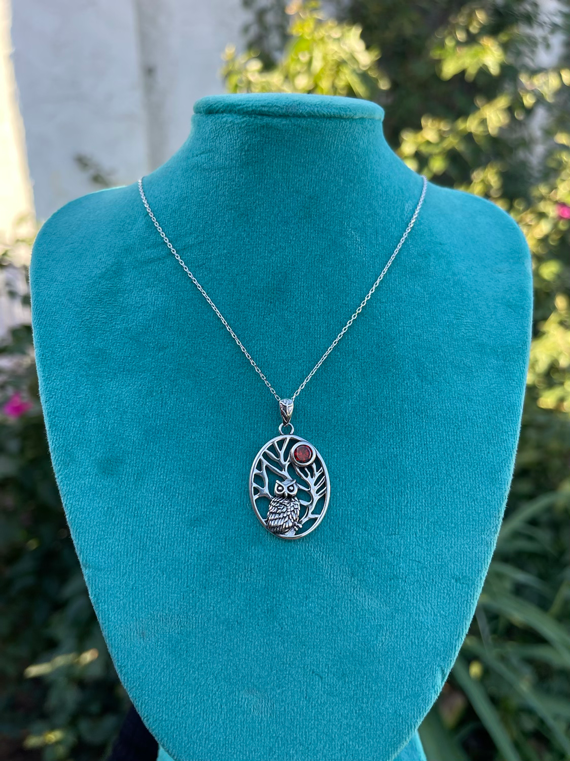 Sterling Silver Owl Garnet CZ Necklace