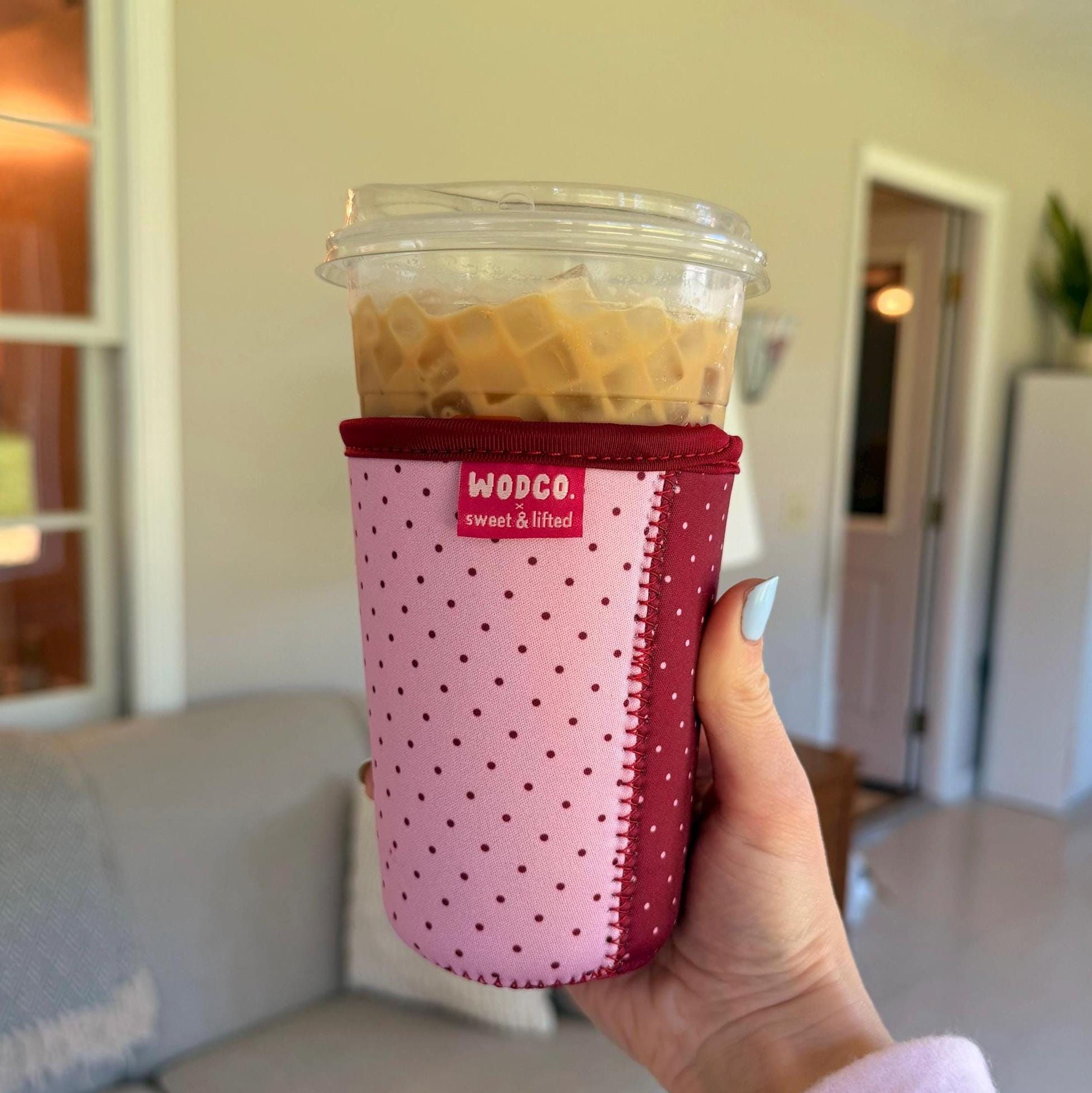 Pink & Red Maroon Polka Dot Reversable Double Patterned Iced Coffee Cup Drink
