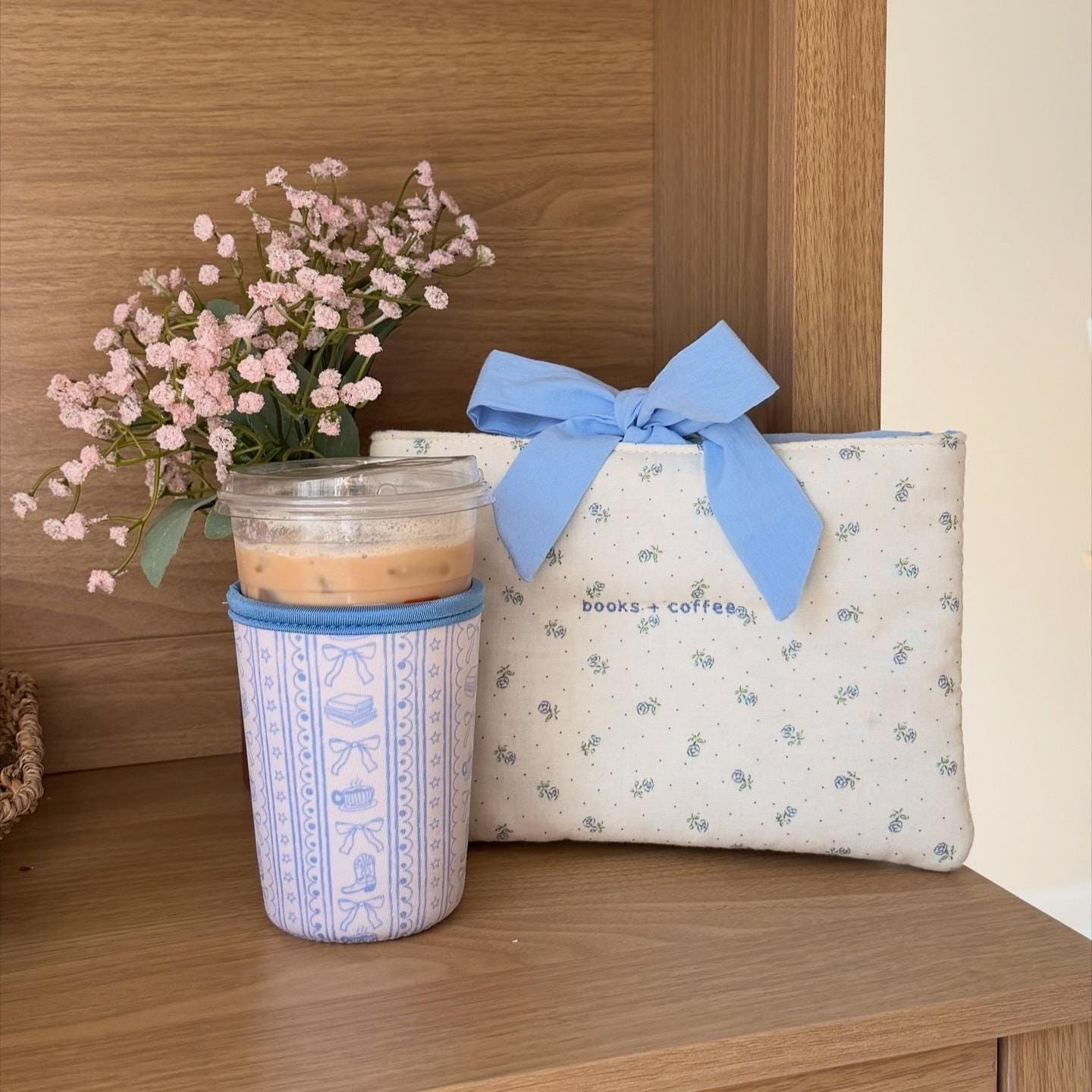 Blue Books Bows Iced Coffee Sleeve Bookish Cup Drink Sleeve