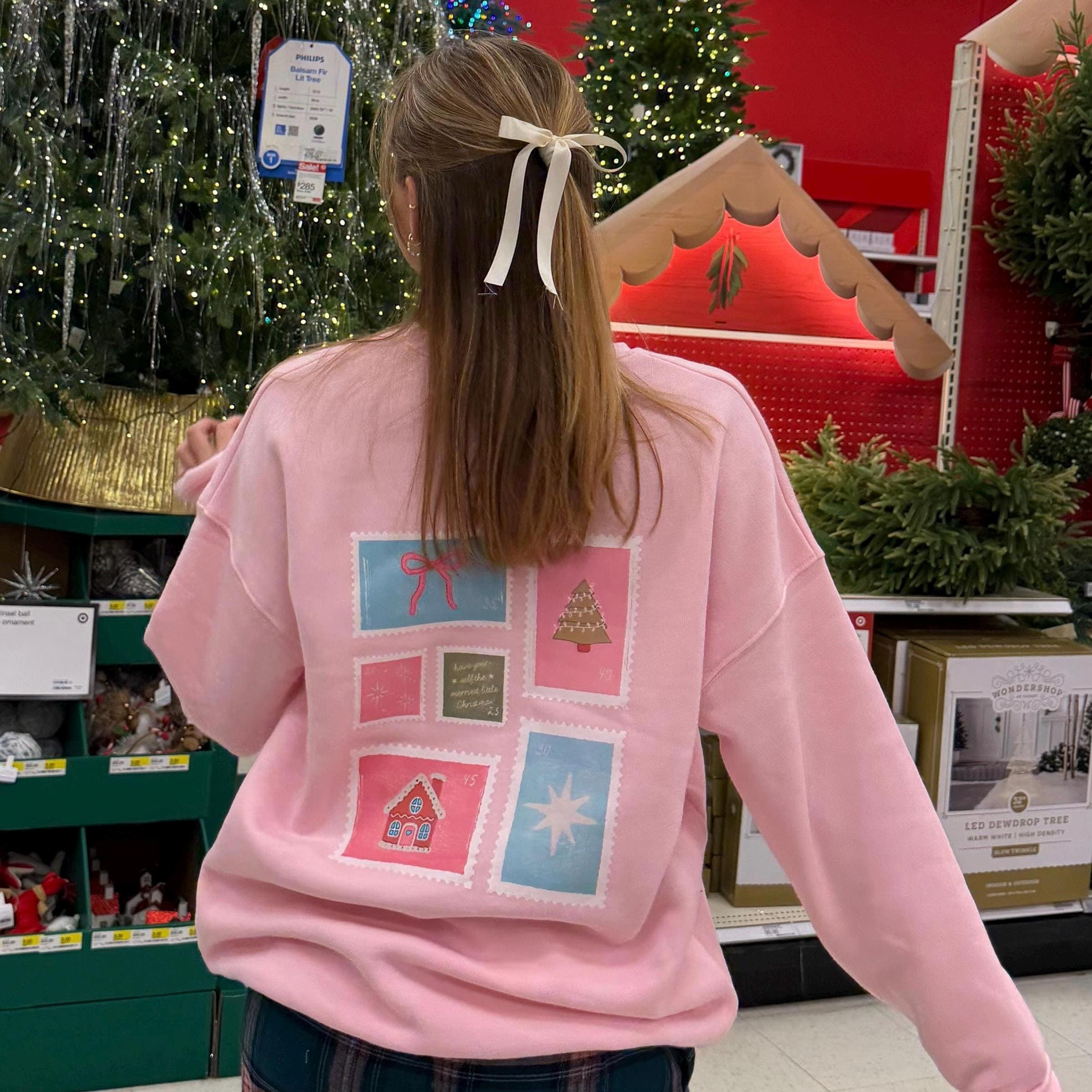Christmas Stamps Pink Crewneck Sweatshirt