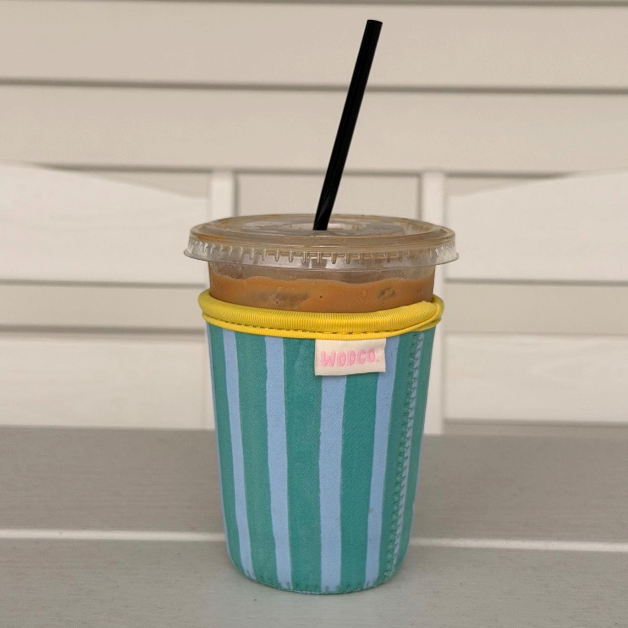 Blue & Green beachy stripe patterned Iced Coffee Cup Drink Sleeve