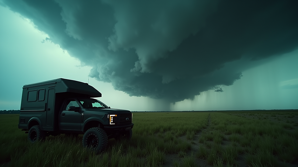 Eye-level view of storm chaser vehicle parked in a field during a severe weather event