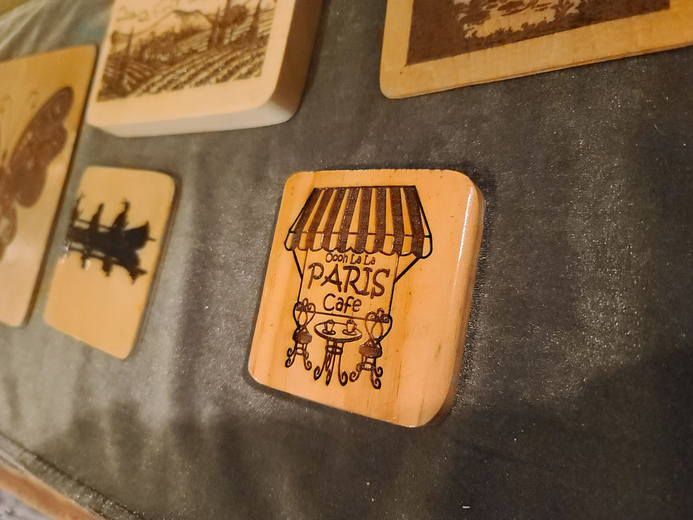 Coasters with Unique Custom Designs: These laser woodburned coasters feature intricate patterns and a natural wood finish, adding a stylish touch to any setting. - Side View