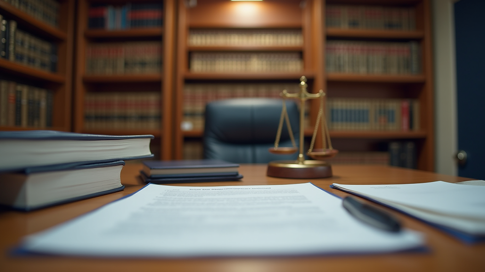 Eye-level view of a law office with legal books and documents