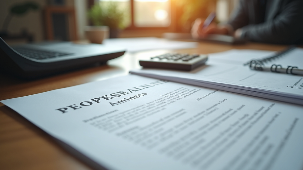 Eye-level view of legal documents and calculator on a wooden desk