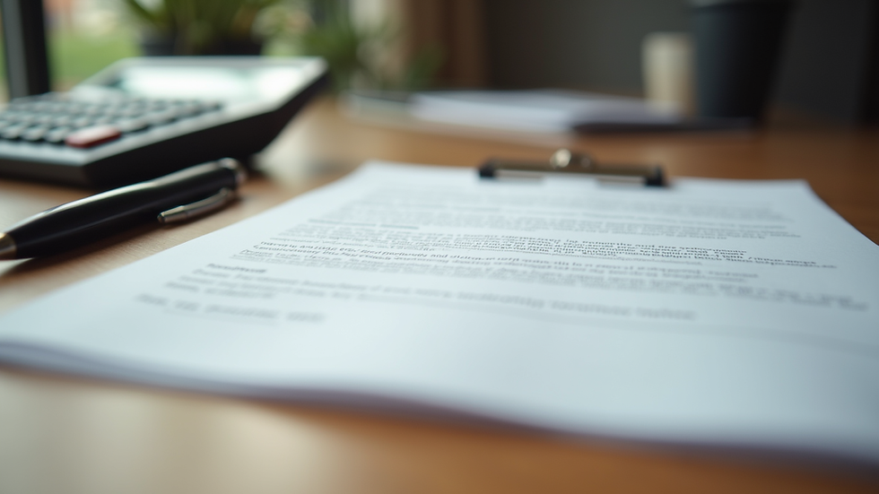 Eye-level view of a legal document and calculator on a wooden desk