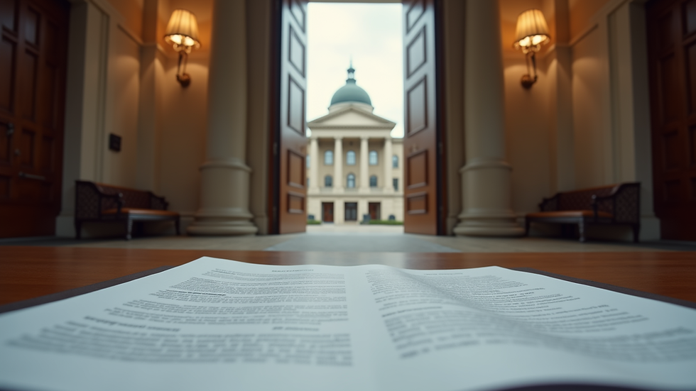 Eye-level view of a courthouse entrance with legal documents on a table