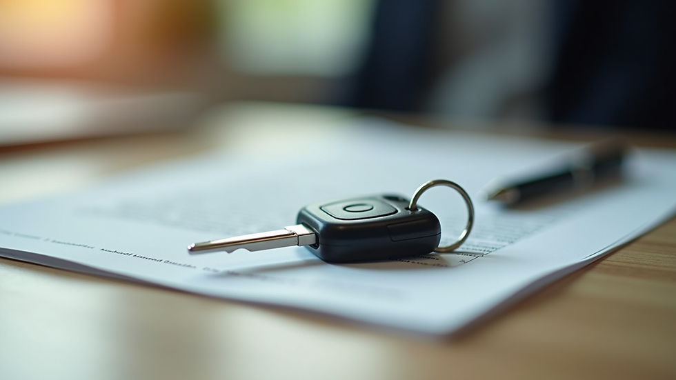Close-up view of a car key and contract on a table