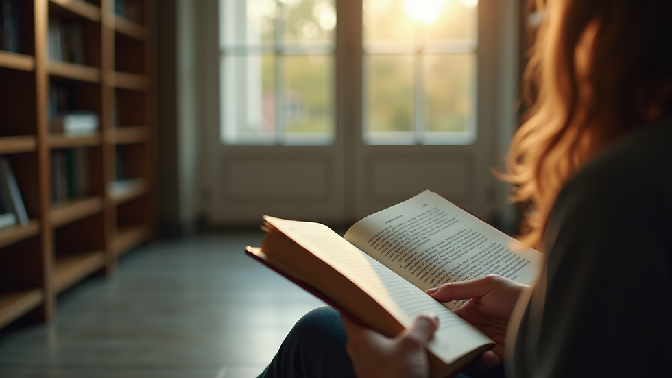 Eye-level view of a person reading a book in a serene environment