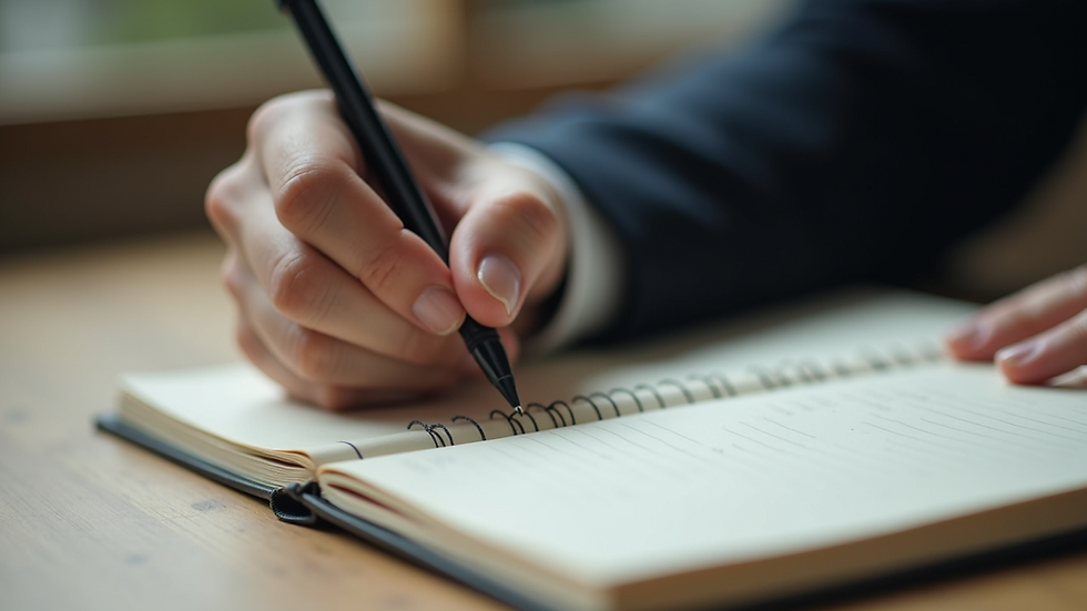 Close-up view of a writer's hand holding a pen over a notebook