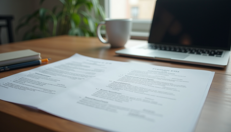 Eye-level view of a neatly arranged desk with a laptop and printed CV drafts