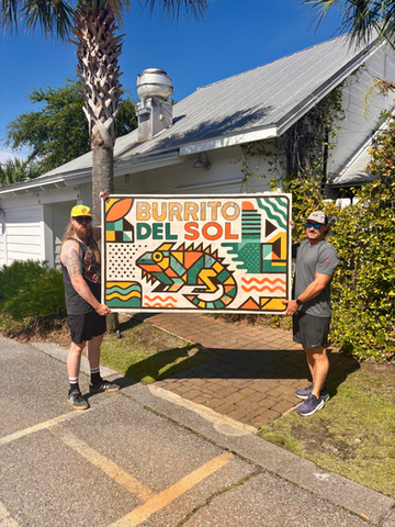 Introducing the latest project by Lazer Chef, where we created a Memphis Milano, 90's, Iguana Don inspired entrance marker for Burrito Del Sol in Destin, Florida. This project captures the retro tropical beach vibes of our youth in Destin, bringing a touch of nostalgia to the modern setting.