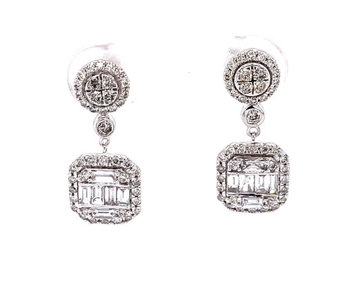Baguette Cluster Drop Earrings, White/Yellow Gold, 1.00ct 1