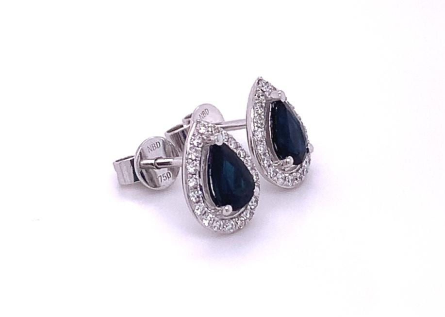 Thumbnail: Pear Shaped Sapphire Earrings With Diamond Halo 18K White Gold 1.04ct/0.18ct