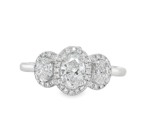 3 Stone, Oval Cut Ring, with Halo/ Cluster, 18Kt White Gold, 0.70ct. 1