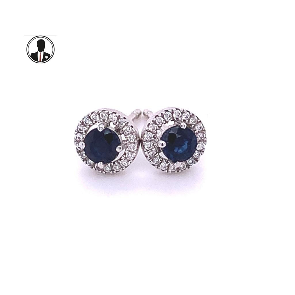 Sapphire Diamond Halo Studs 9K White Gold 0.59ct/0.08ct