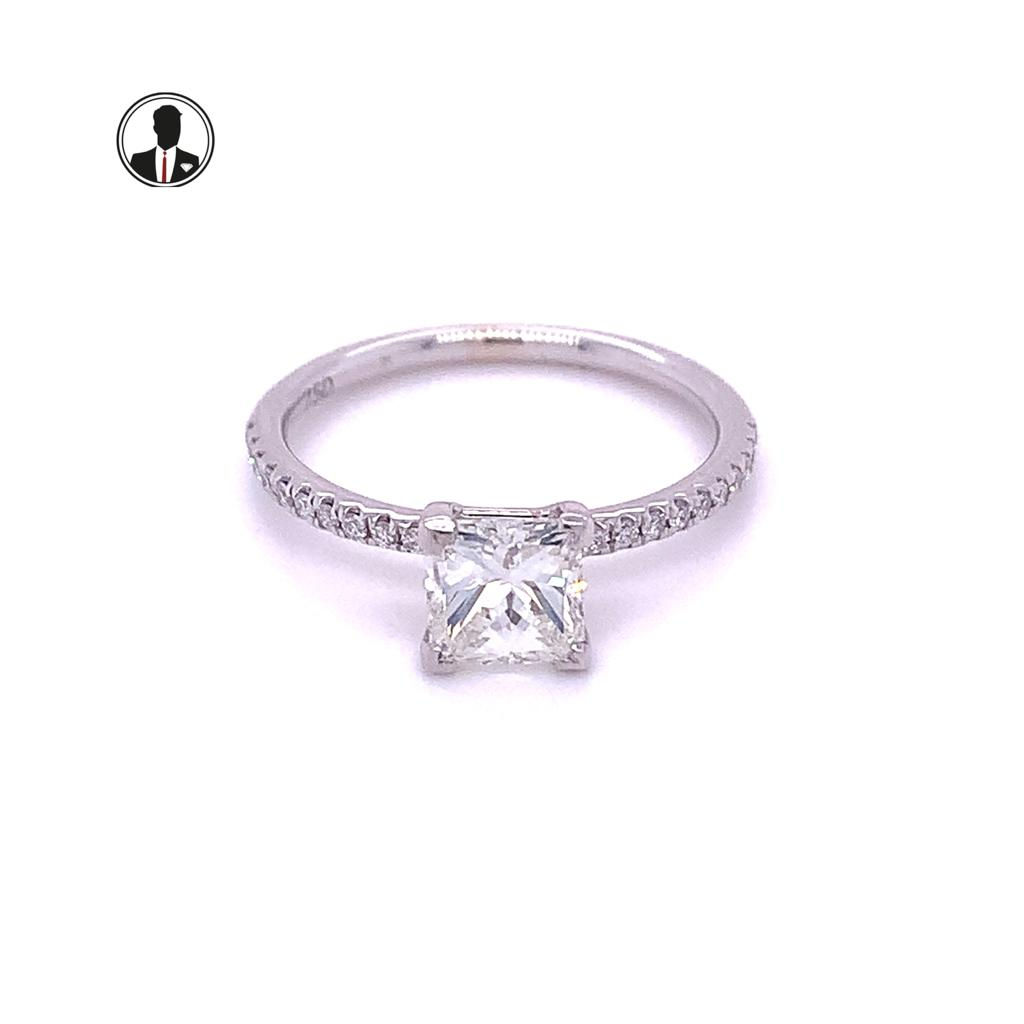 Radiant Diamond Shoulder Solitaire Ring 18K White Gold 1.17ct