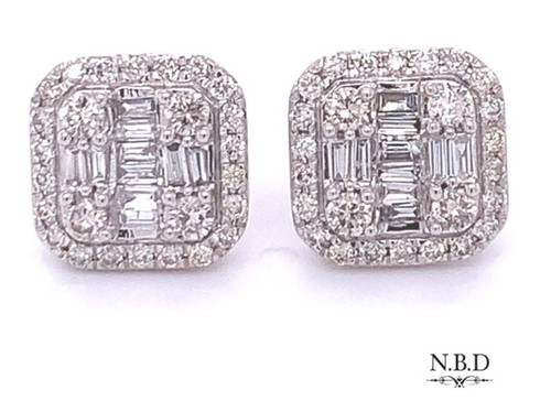 Baguette and Round Diamond Cluster Earrings White Gold 1.11ct 1