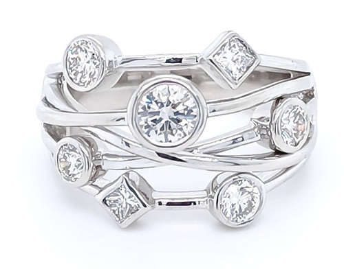 Round & Princess Cut Diamond Bubble Ring, 1.06ct 1