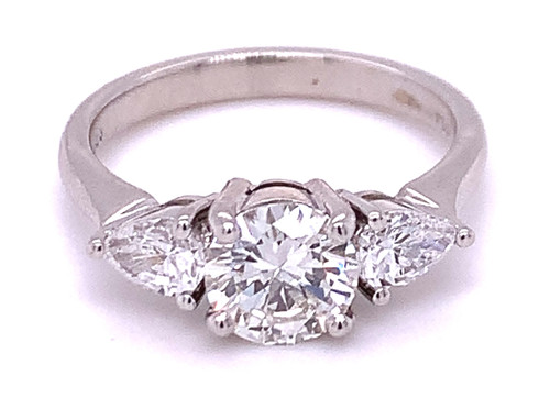 Round Diamond Ring, Pear Shape Side Stones, 18kt White Gold, 1.50ct 1