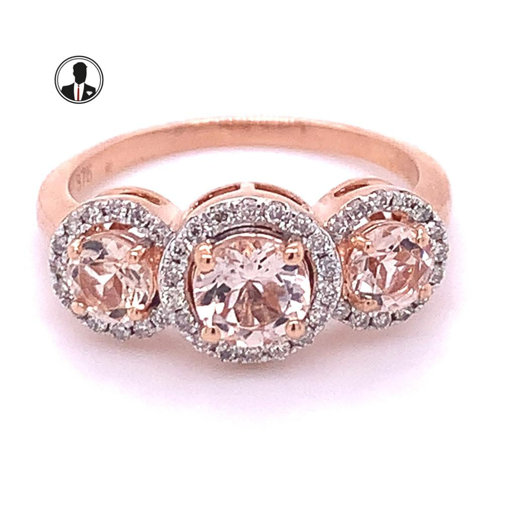9kt Gold 1.11ct Stone Morganite 0.21ct 3 Stone Diamond Halo Ring